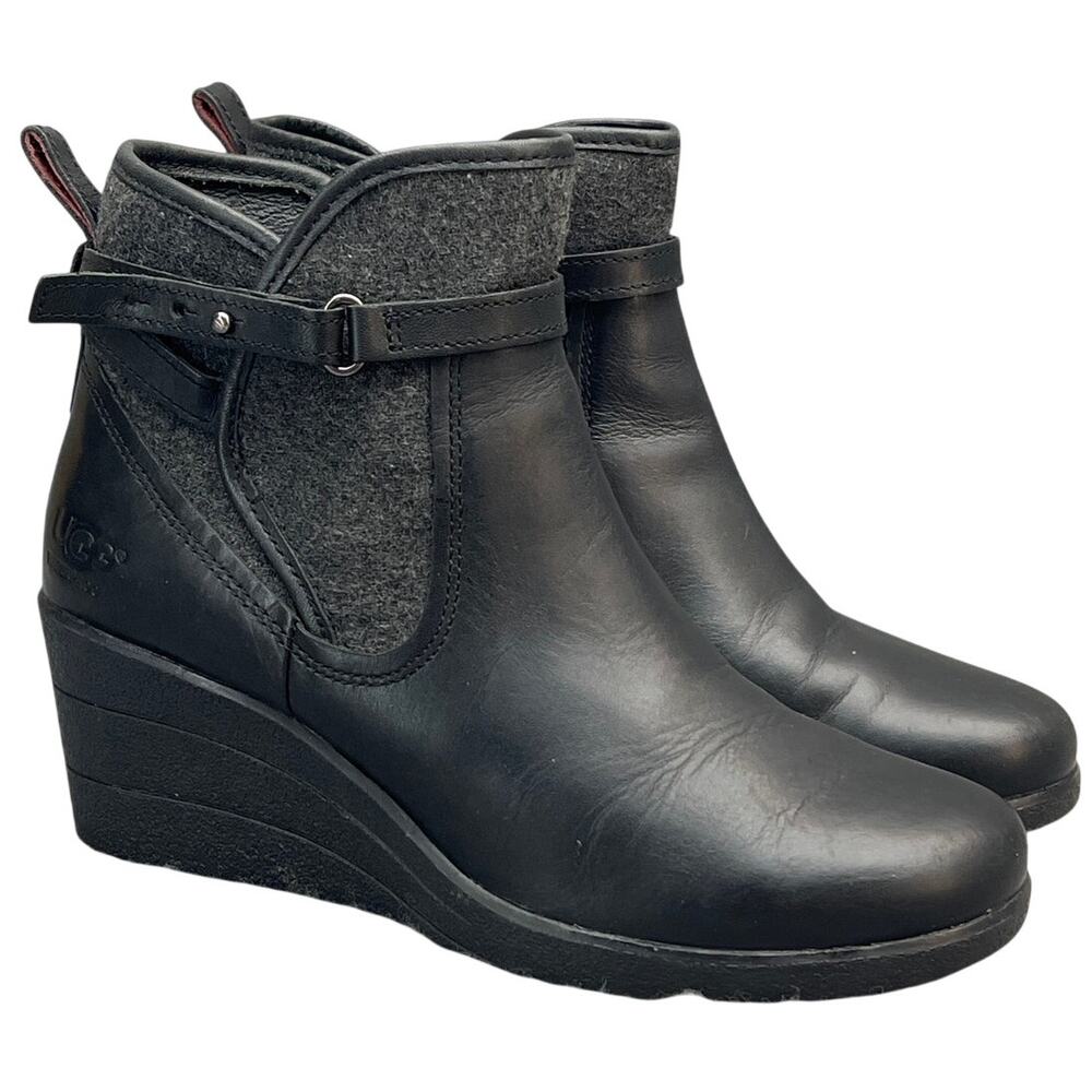 UGG Emalie Waterproof Black Leather Wedge Buckle Strap Ankle Boot Women 6